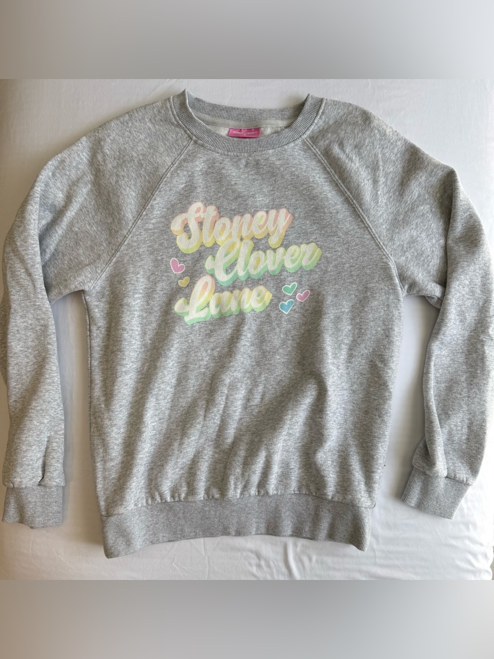 Stoney Clover Lane Gray Sweatshirt with Pastel Logo and Hearts
